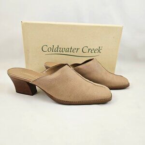 Coldwater Creek Nubuck Leather Mules 8.5 Natural Bone Clogs Shoes 2.5 inch Heel